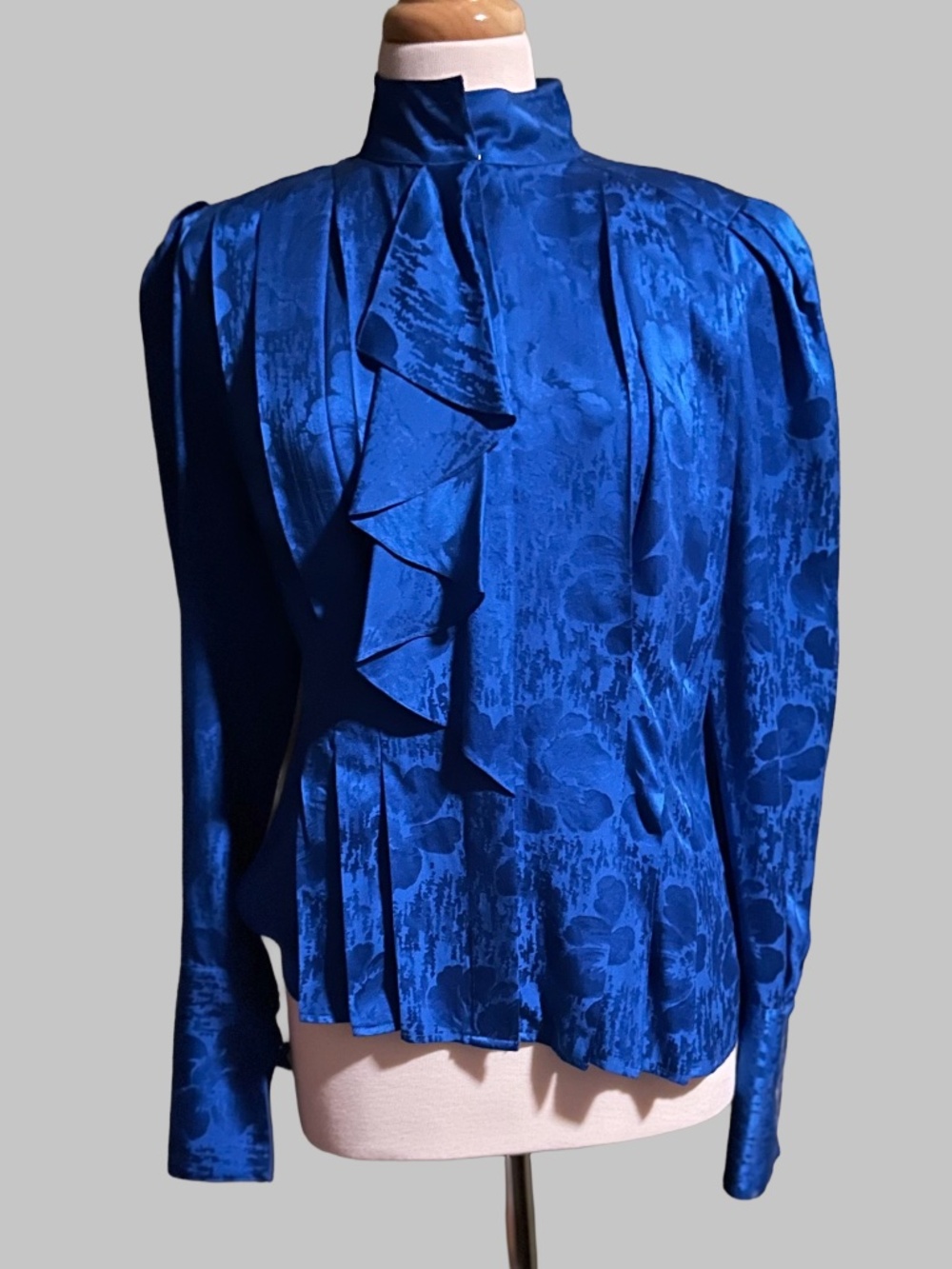 Vintage 80s Adrianna Papell 100% Silk Ruffle Blouse Blue Jacquard Pleated 6